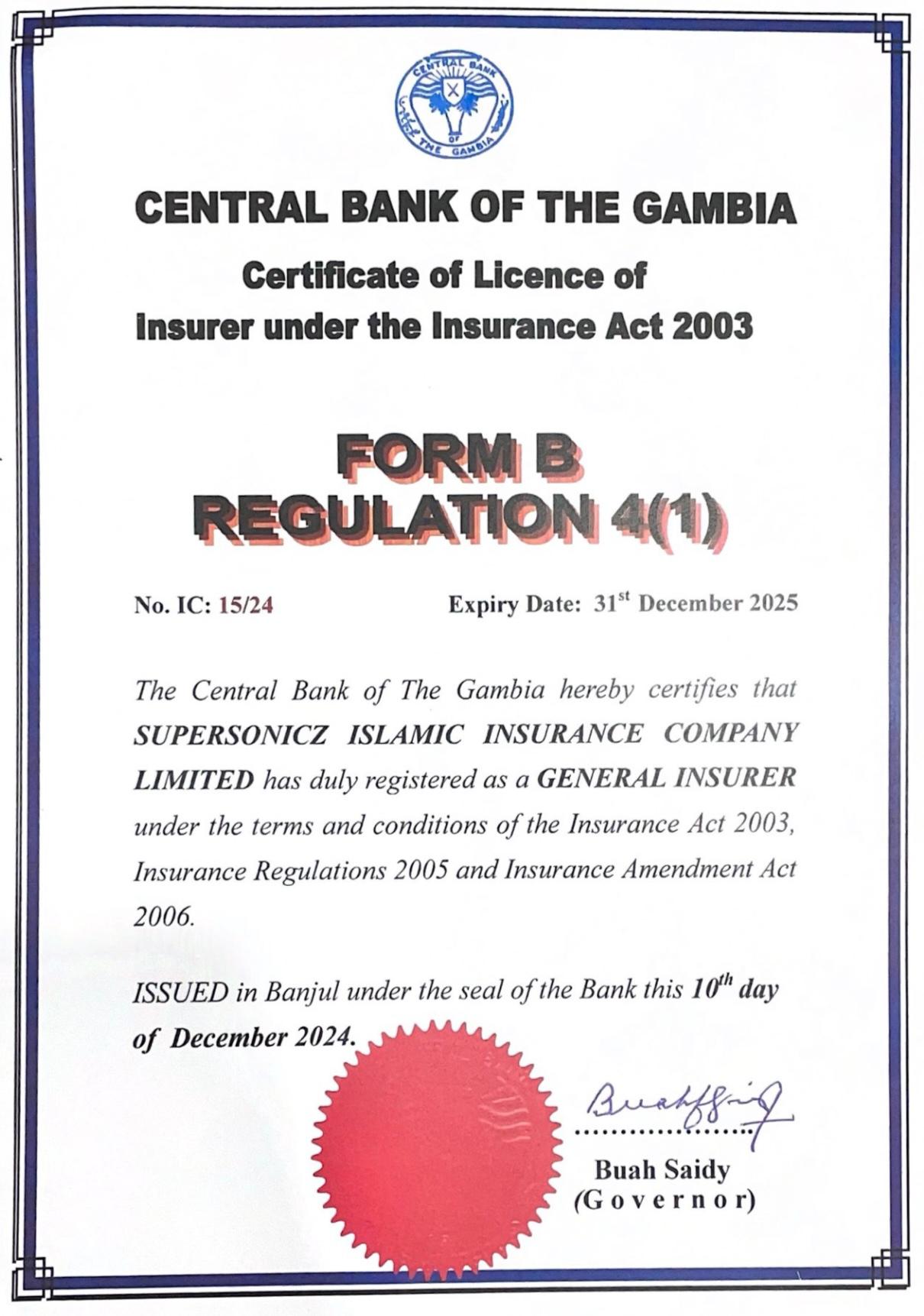 Supersonicz Islamic Insurance Company Limited is officially licensed by CBG